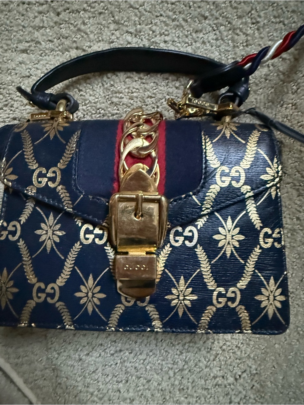 Gucci Navy Blue & Red GG Floral Leather Sylvie Bee &Star Bag with Gold Hardware